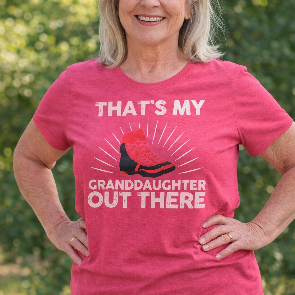 Women's Pink Short Sleeve Graphic Tee - 'That's My Granddaughter Out There' C-6